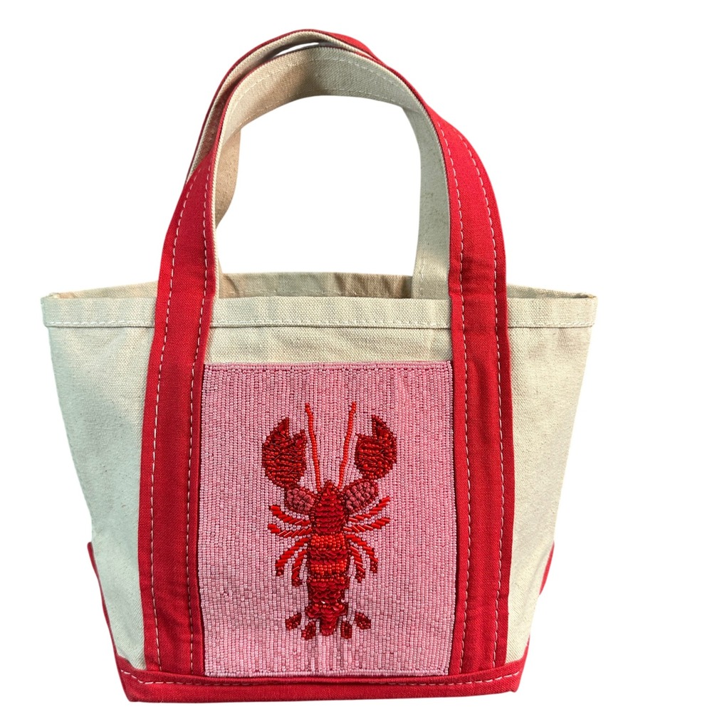 Celandine Beaded Lobster Canvas Tote Bag Red Cream Handbag Coastal Accessory
